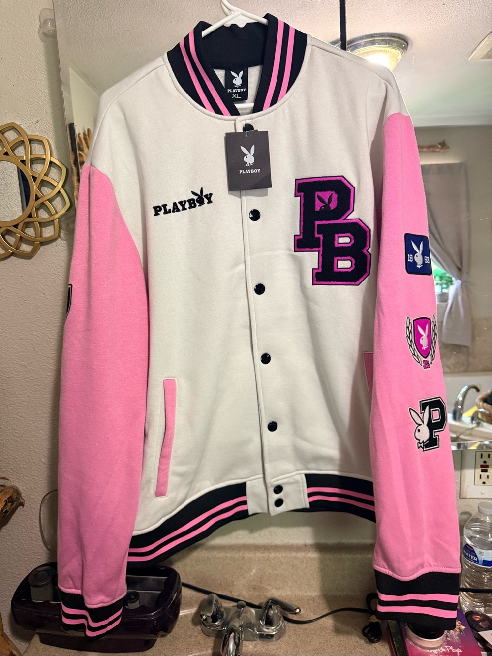 PLAYBOY White and Pink Letterman Jacket with Black Trim
